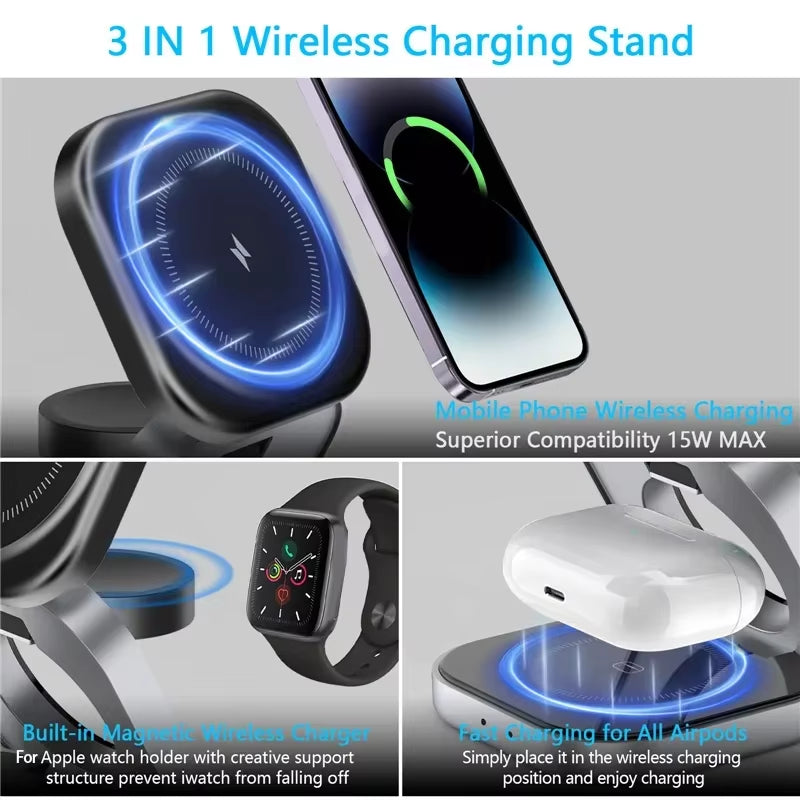 3 in 1 Foldable Magnetic Wireless Charger Stand for Iphone 16 15 14 Samsung Iwatch Airpods 3/2 Station Dock Fast Charging Holder