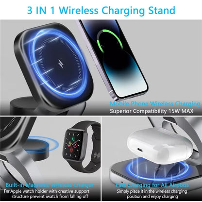 3 in 1 Foldable Magnetic Wireless Charger Stand for Iphone 16 15 14 Samsung Iwatch Airpods 3/2 Station Dock Fast Charging Holder