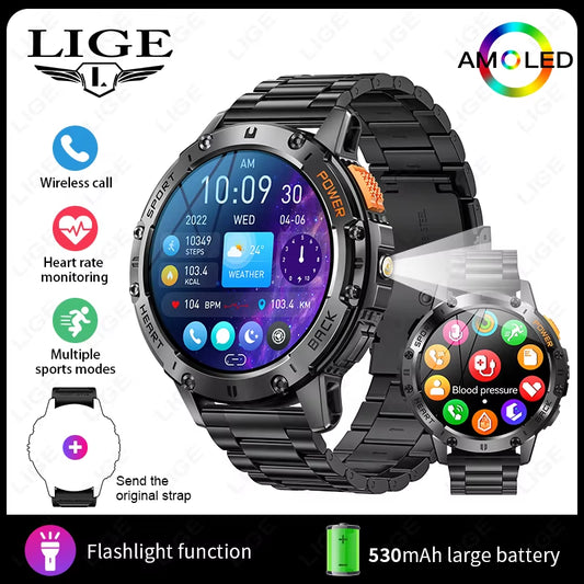 466*466 HD Screen Smart Watch Bluetooth Call Outdoor Sports Men Smartwatch with Flashlight Heart Rate Monitor Remote Camera