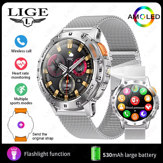 466*466 HD Screen Smart Watch Bluetooth Call Outdoor Sports Men Smartwatch with Flashlight Heart Rate Monitor Remote Camera