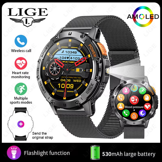 466*466 HD Screen Smart Watch Bluetooth Call Outdoor Sports Men Smartwatch with Flashlight Heart Rate Monitor Remote Camera