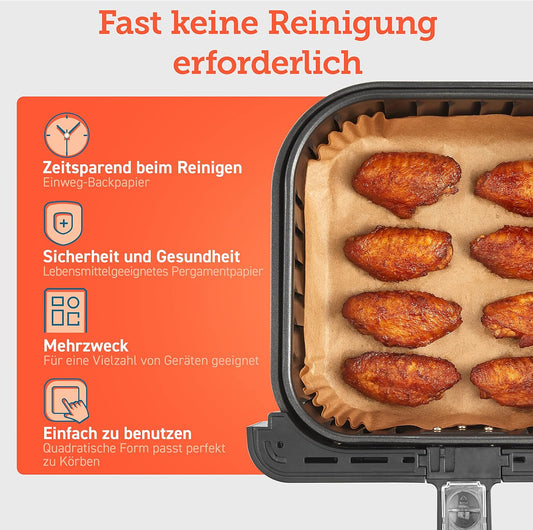Cosori Backpapier Für Heißluftfritteuse XXL 4-7,3 L, 100 Stück 20 Cm, Ungebleichtes Airfryer Zubehör, Antihaftbeschichtete Einwegschalen, Pergamentpapier, Kompatibel Mit Gängigen Heißluftfritteusen