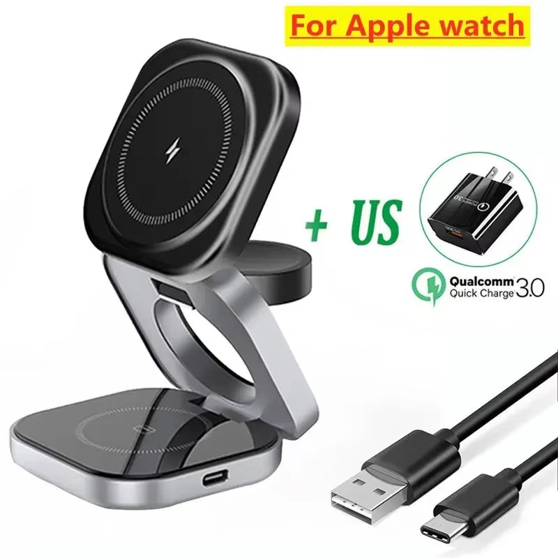 3 in 1 Foldable Magnetic Wireless Charger Stand for Iphone 16 15 14 Samsung Iwatch Airpods 3/2 Station Dock Fast Charging Holder