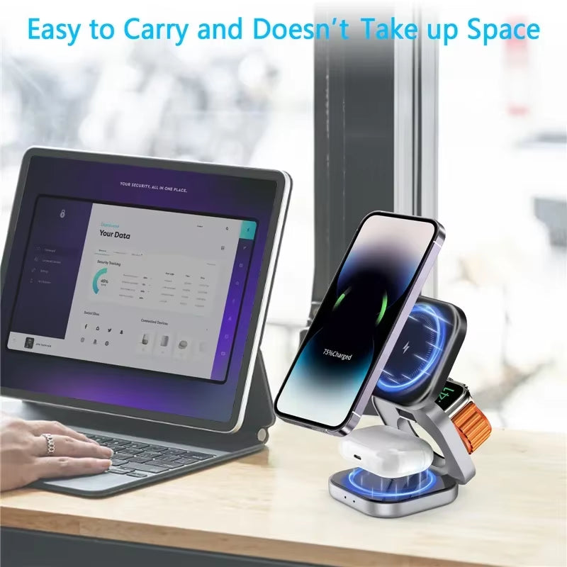 3 in 1 Foldable Magnetic Wireless Charger Stand for Iphone 16 15 14 Samsung Iwatch Airpods 3/2 Station Dock Fast Charging Holder
