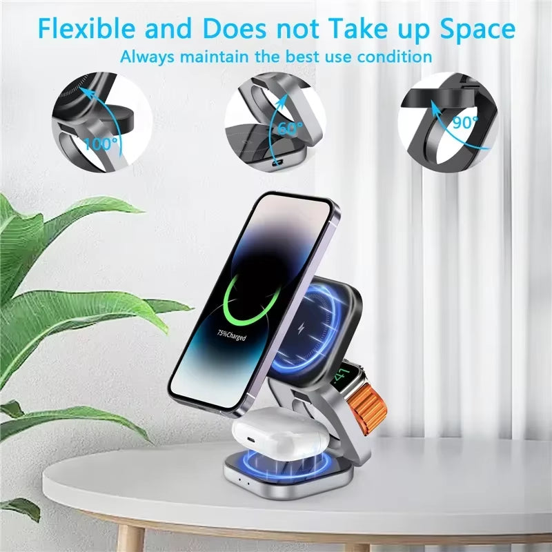 3 in 1 Foldable Magnetic Wireless Charger Stand for Iphone 16 15 14 Samsung Iwatch Airpods 3/2 Station Dock Fast Charging Holder